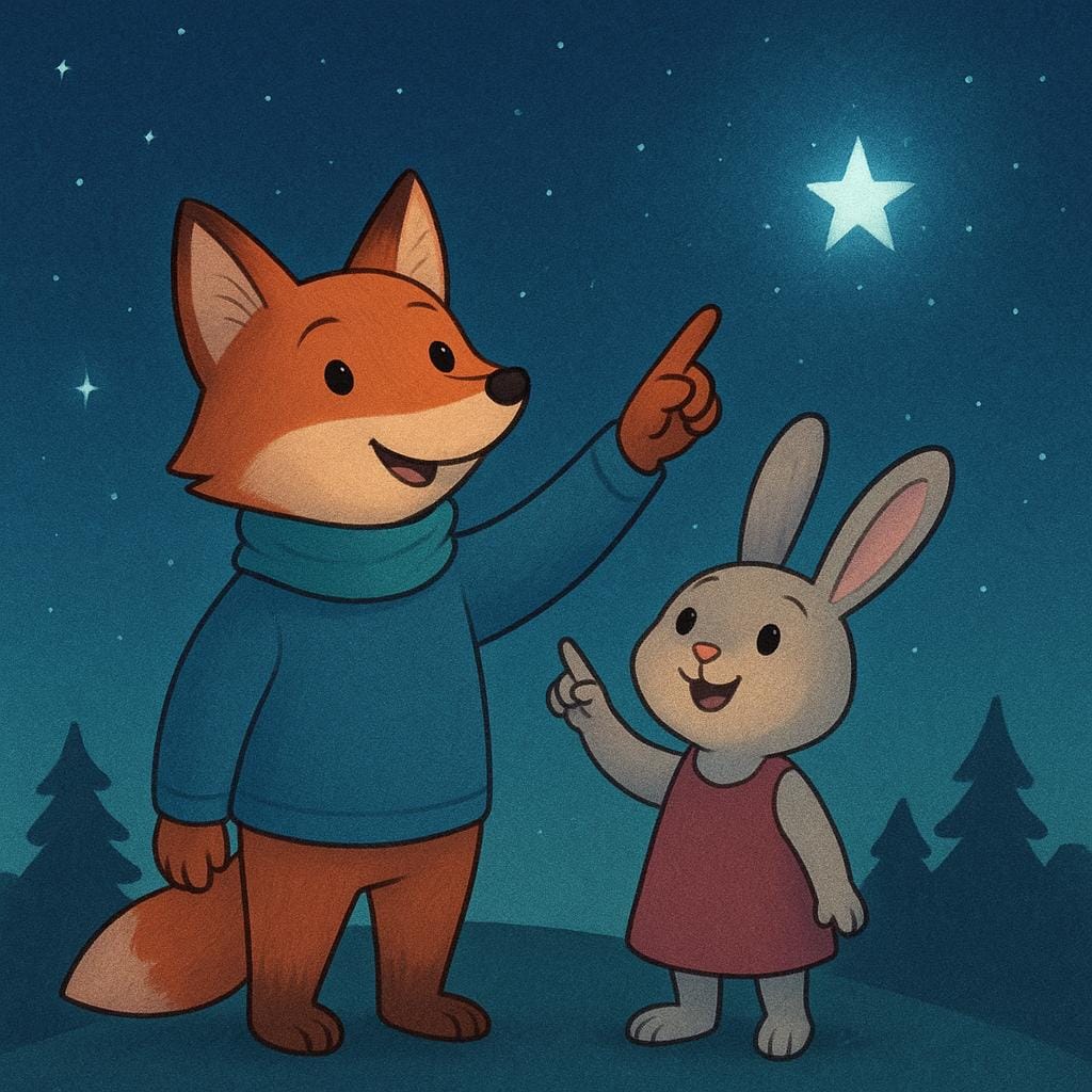 Deux petits personnages animaux anthropomorphes se tenant côte à côte, pointant tous deux clairement du doigt une étoile brillante dans le ciel nocturne.