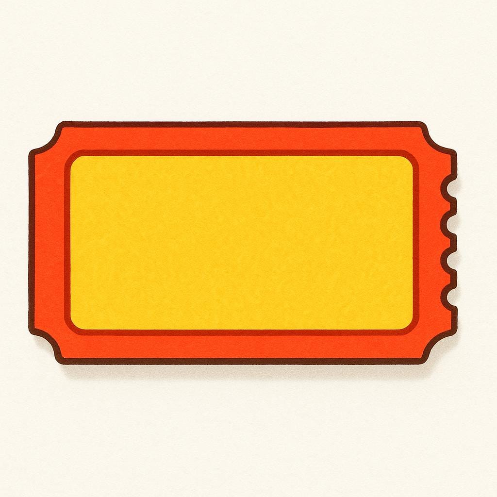 A colorful illustration depicting a single, simple rectangular paper ticket stub, distinctively showing a perforated edge.