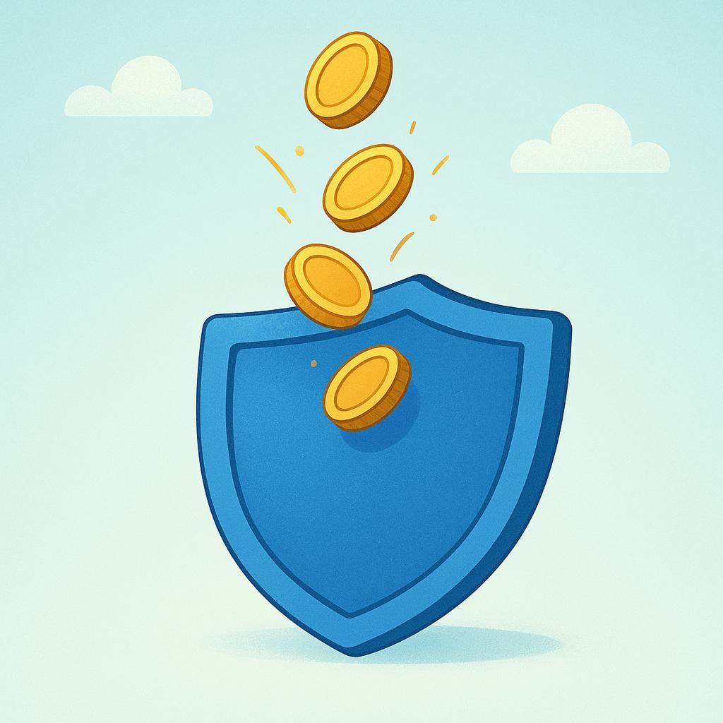 A small stack of gold coins being dropped into a large, stylized blue shield symbol, representing an insurance premium payment.