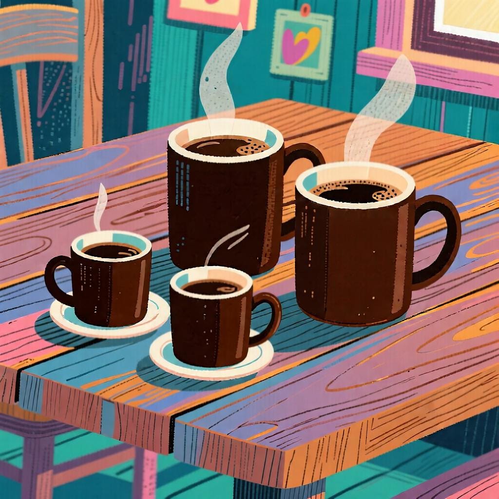 Trois petites tasses à café brunes placées à côté de deux tasses à café beaucoup plus grandes sur une table en bois.
