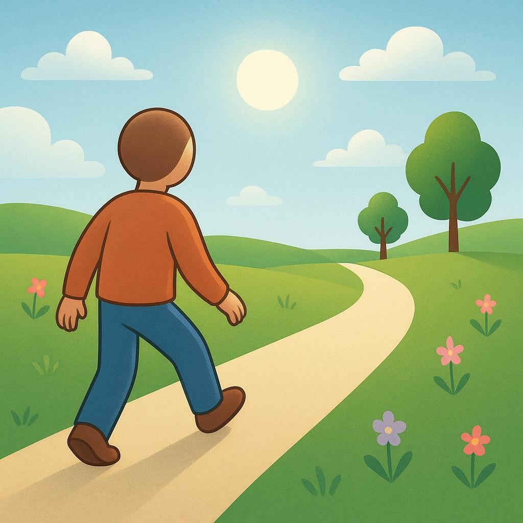 A simple, cheerful cartoon character with a backpack taking the very first step onto a bright, empty path that stretches into the distance.