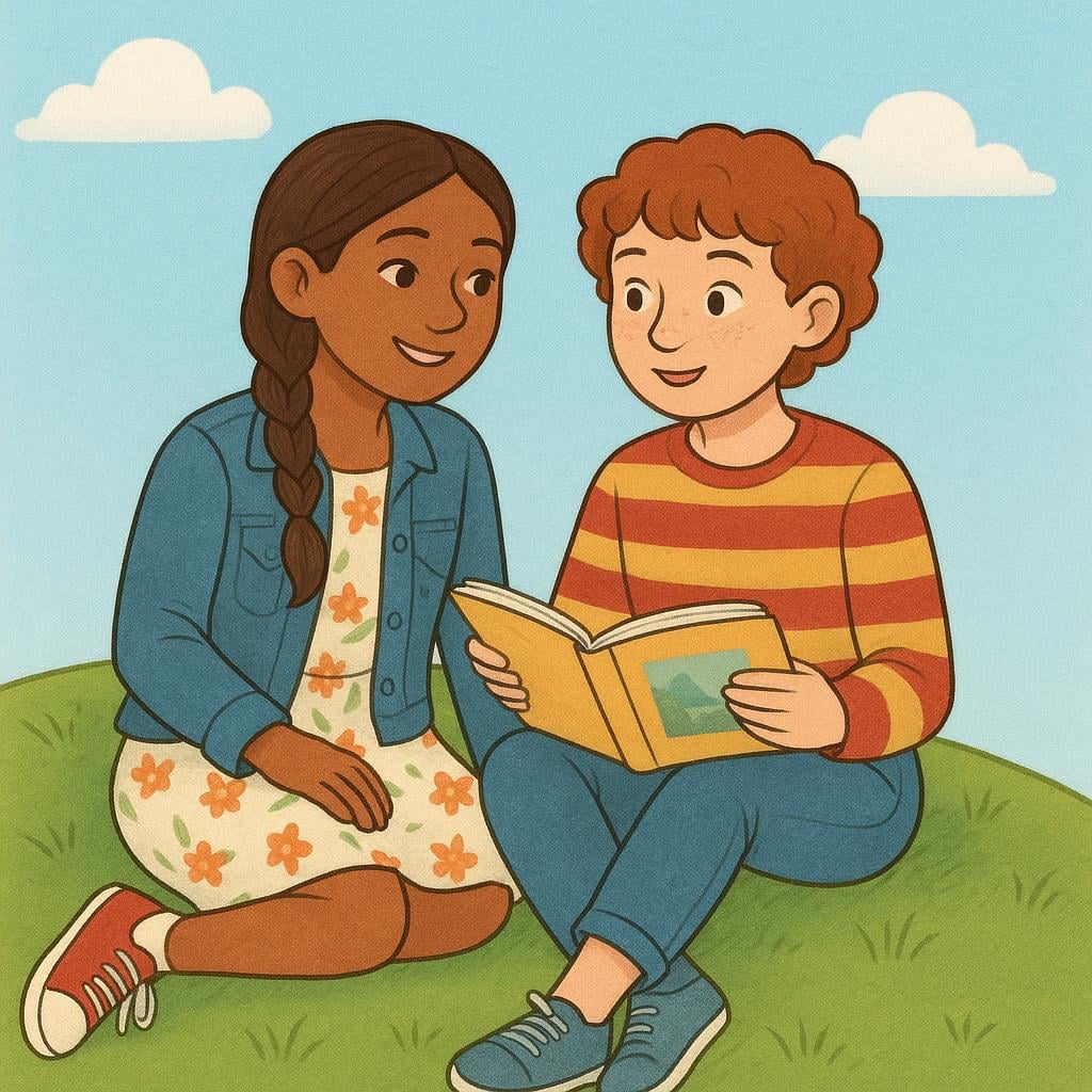 Two young women sitting side-by-side on a grassy green hill. The background shows only a wide, empty blue sky and distant landscape, emphasizing their isolation.