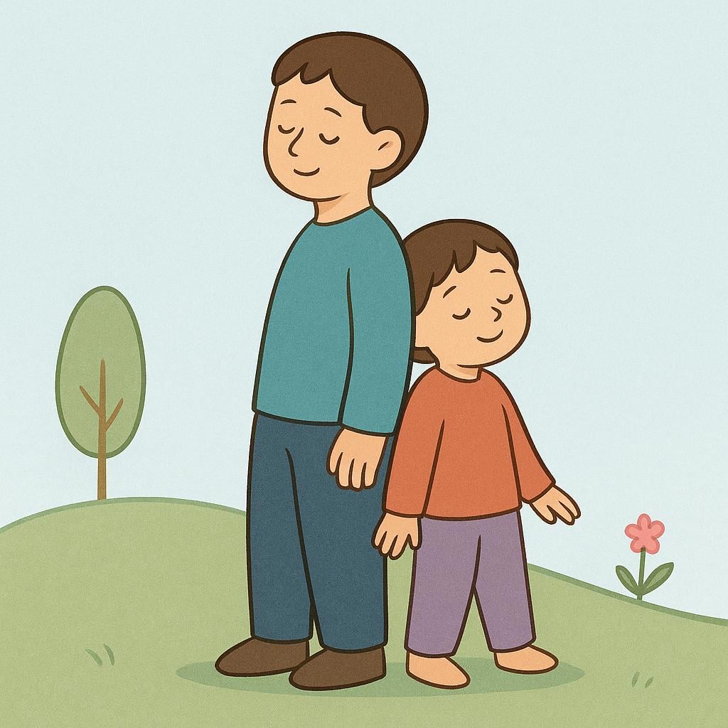 A simple depiction of a small human figure leaning securely and trustingly against the back of a taller, stable human figure, symbolizing reliance and dependence.