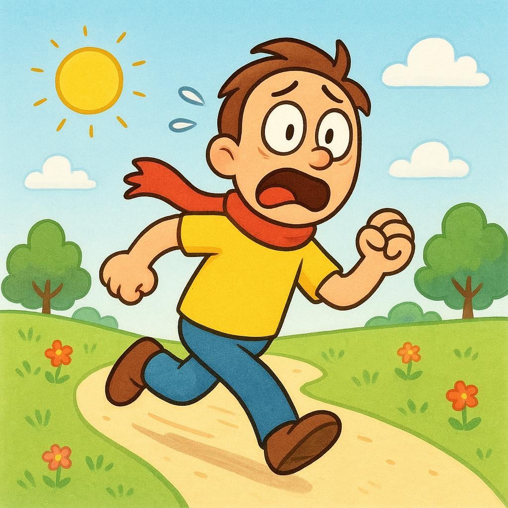 A simple cartoon character with wide, fearful eyes running away rapidly, looking over their shoulder in panic, despite the path ahead being clear and sunny.