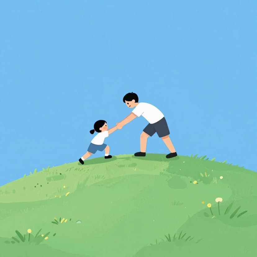 One person extending a hand to pull another person up a small grassy hill.