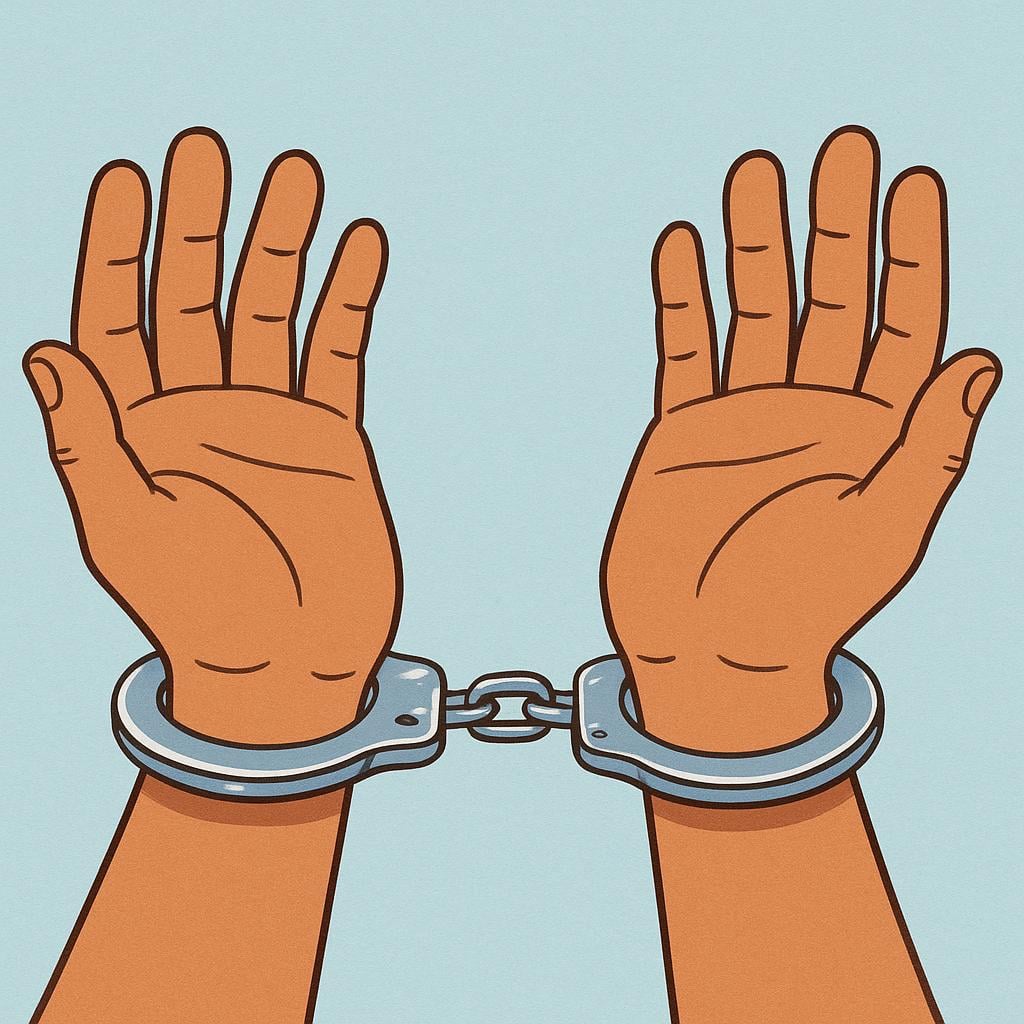 A close-up view of a pair of hands with shiny metal handcuffs locked around the wrists, symbolizing a lawbreaker.