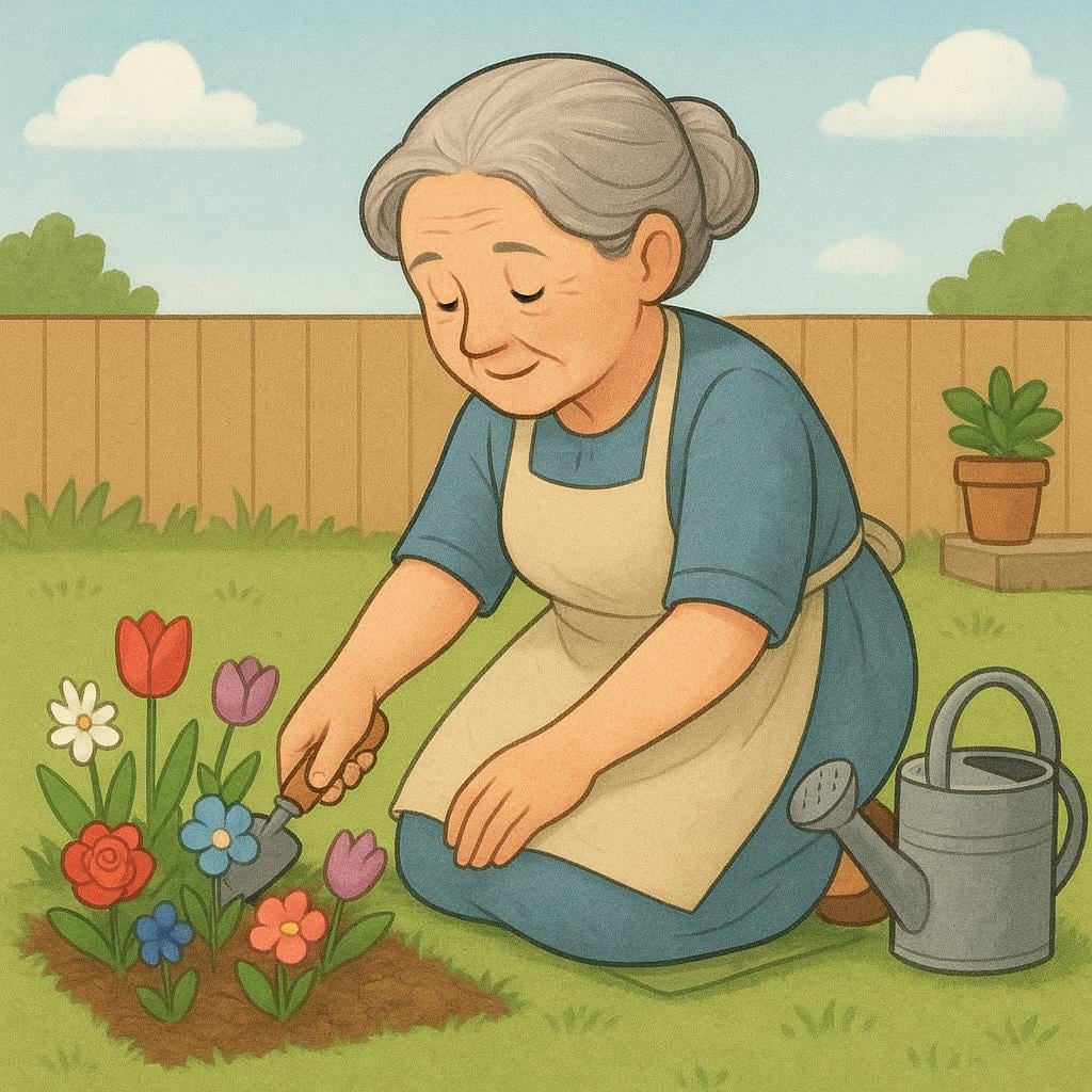 An elderly woman in plain clothes quietly tending to a small patch of colorful flowers in a simple backyard.