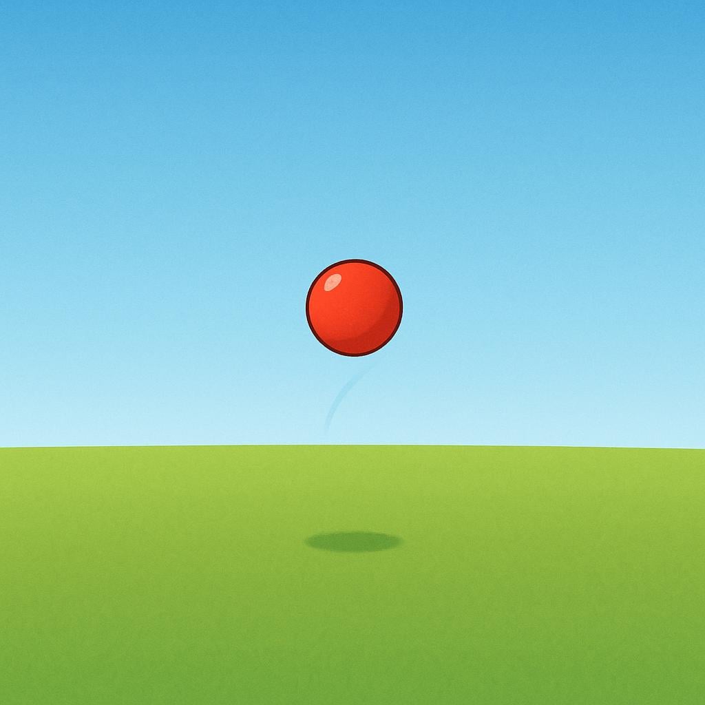 A high quality simple colorful storybook illustration depicting a wide, empty green field under a clear blue sky. A single, brightly colored red ball is bouncing high in the center of the field, symbolizing an isolated incident.
