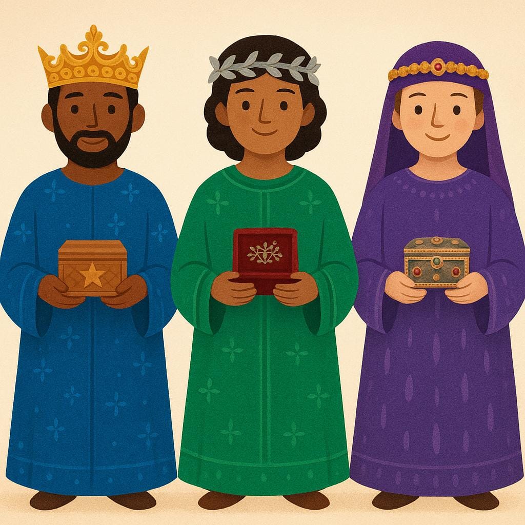 Three figures dressed in long robes and crowns, each holding a different gift box, symbolizing The Three Kings (Wise Men).
