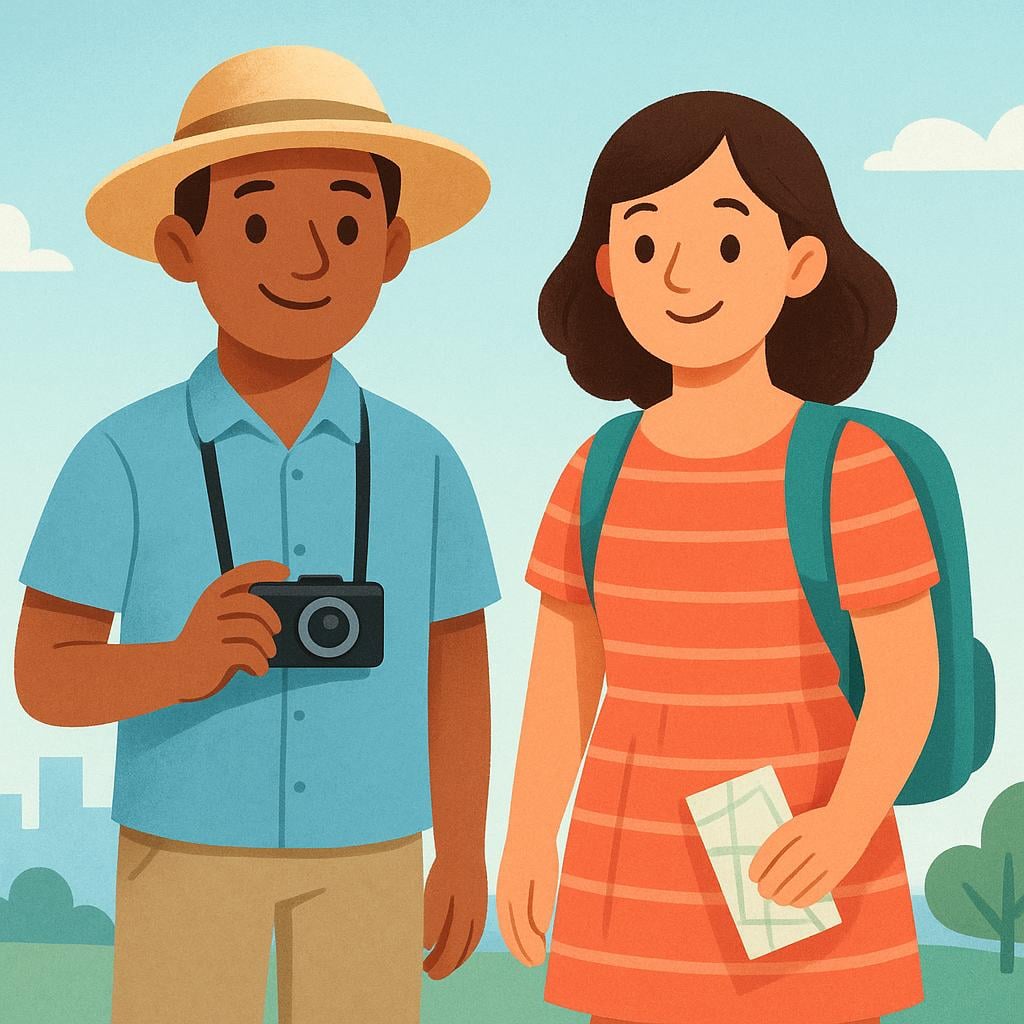 A colorful storybook illustration showing two cheerful figures identified as tourists. One wears a wide-brimmed sun hat and holds a camera, while the other carries a small backpack.
