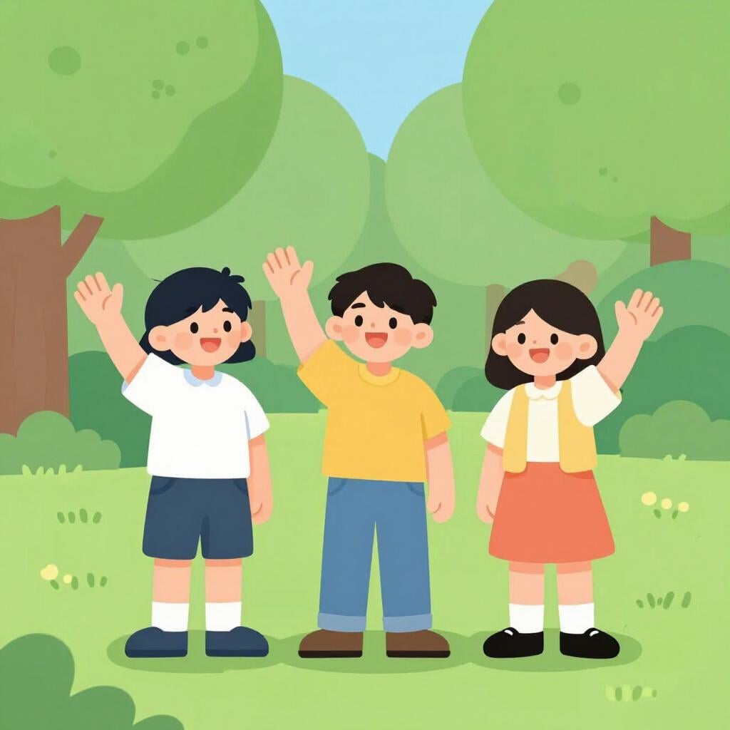 A group of three diverse friends smiling and greeting each other in a sunny park.