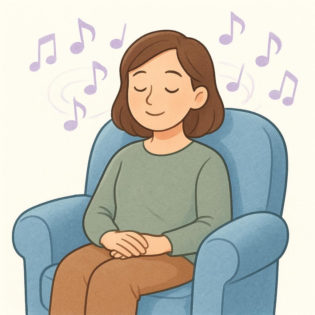 A woman sitting peacefully in an armchair, surrounded by floating, gentle musical notes that illustrate a feeling of calmness caused by the music.