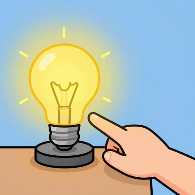 A hand pressing a button on a table lamp, making the light bulb glow warmly.