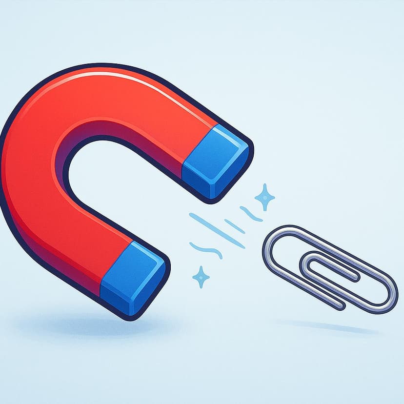 A brightly colored horseshoe magnet is attracting a small silver paperclip across a table.