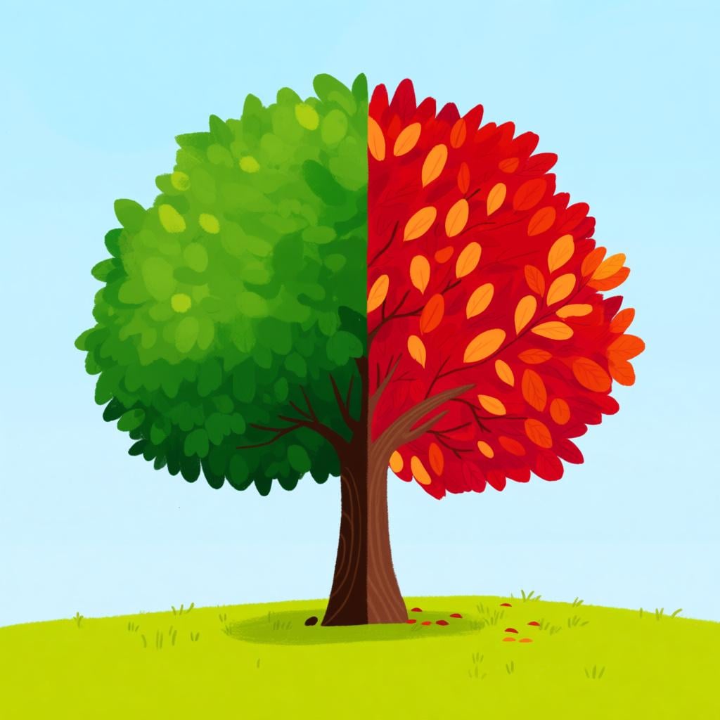 A simple illustration of a tree where half the leaves are vibrant green and the other half are bright red and orange, depicting the change of seasons.