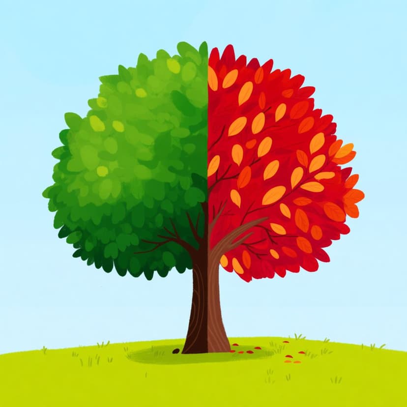 A simple illustration of a tree where half the leaves are vibrant green and the other half are bright red and orange, depicting the change of seasons.