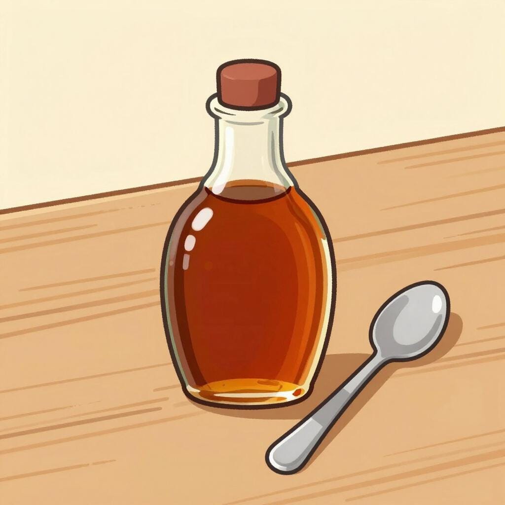 A glass bottle containing thick, amber-colored liquid next to a silver spoon.