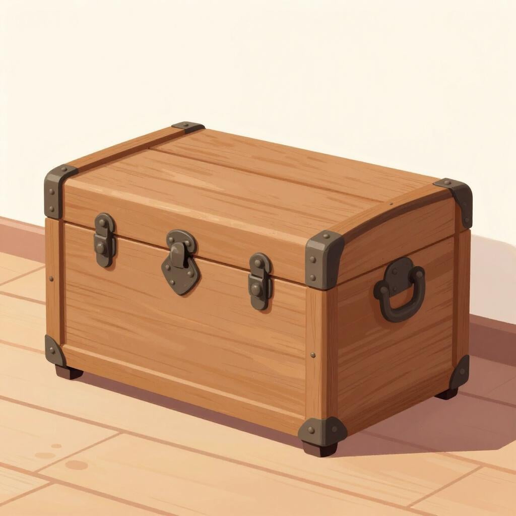 A sturdy, dark brown wooden chest with heavy iron hinges and a large lock.