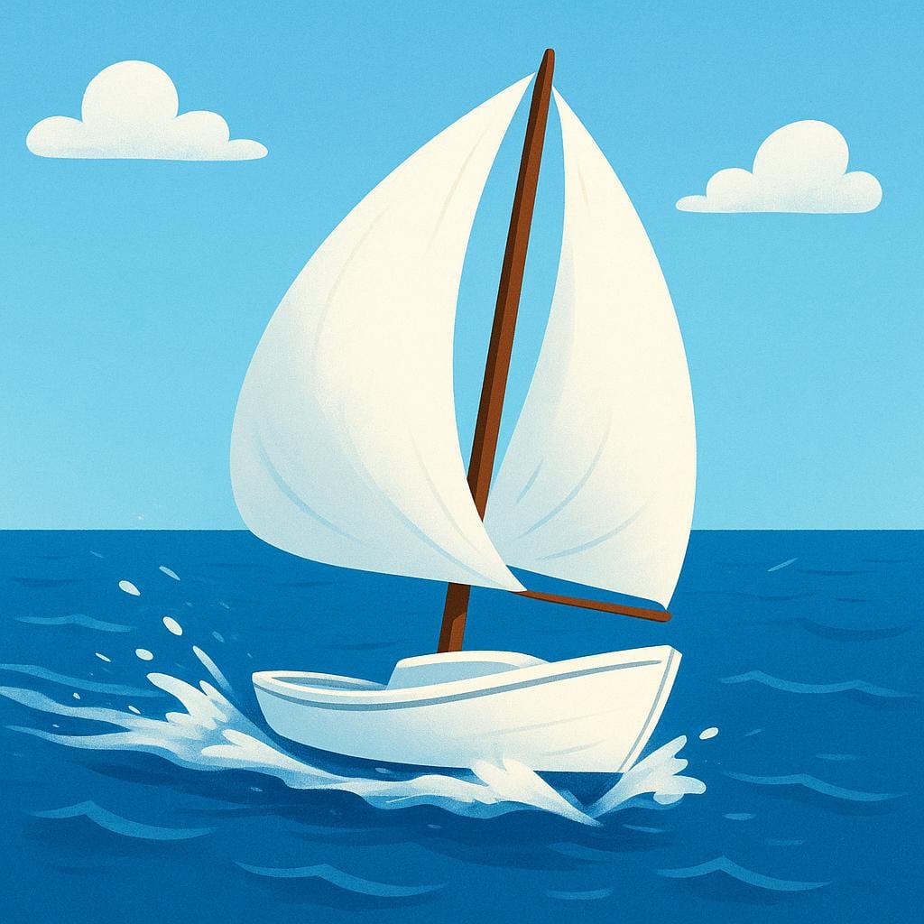 A small white sailboat speeding across dark blue water, its sail fully billowed by a powerful force, creating a visible wake.