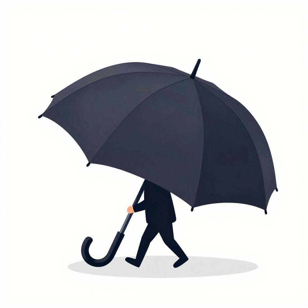 A small child trying to use a giant umbrella that is way too big and heavy for them.