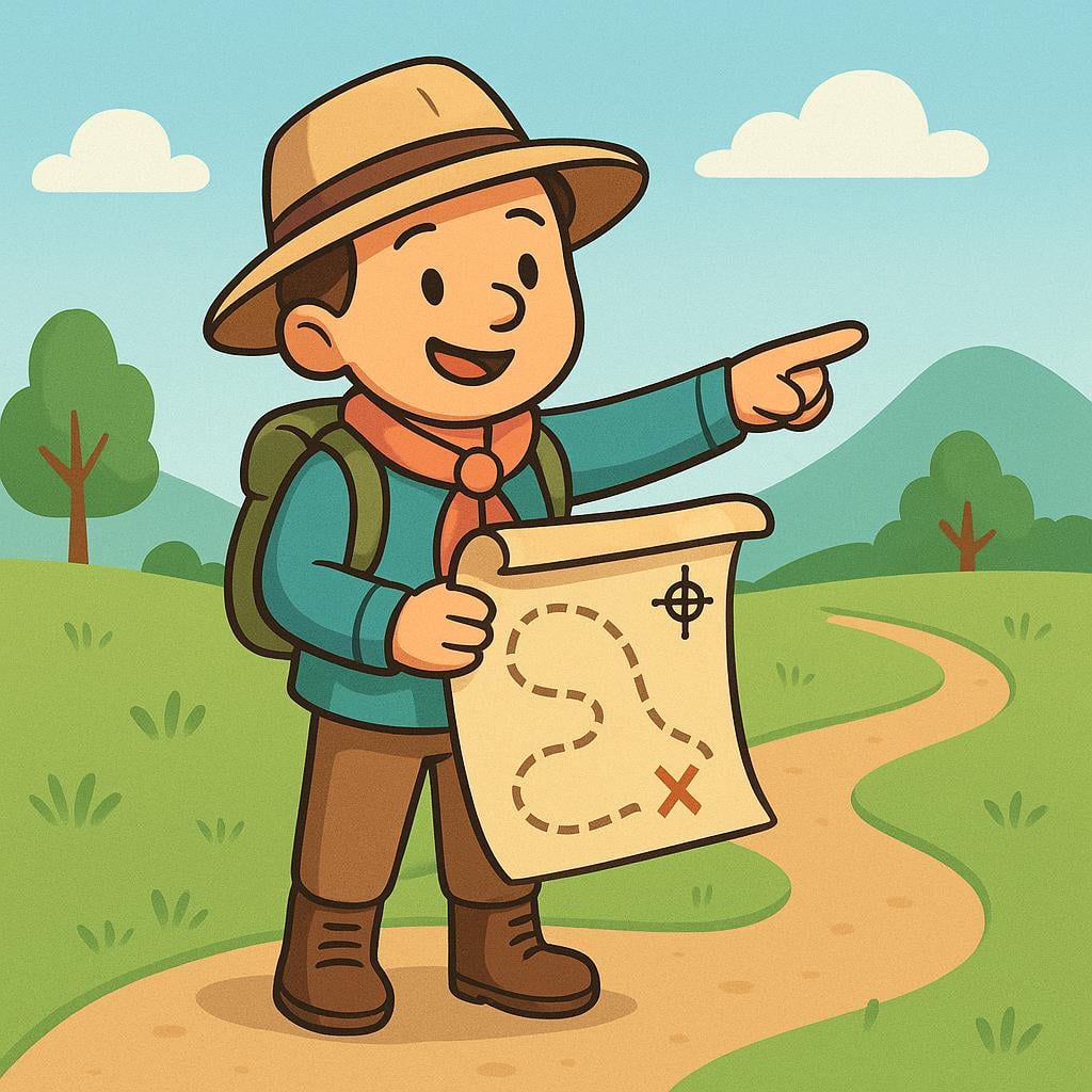 A small explorer looking at a brightly colored map and pointing the direction they are about to walk, following the path shown on the map.