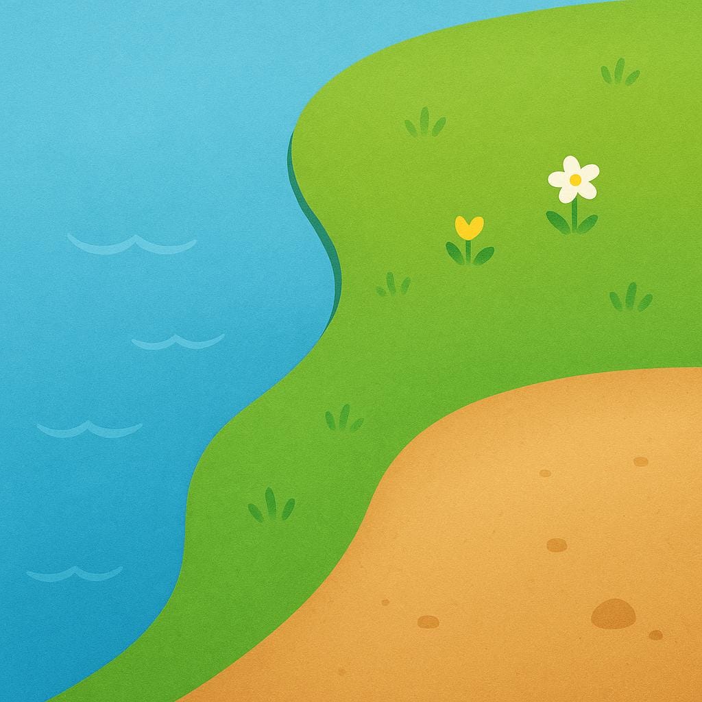 Eine visuelle Darstellung einer Landmasse, die in drei unterschiedliche physische Bereiche unterteilt ist: ein blauer Wasserbereich, eine grüne Grasfläche und ein brauner Sandbereich.