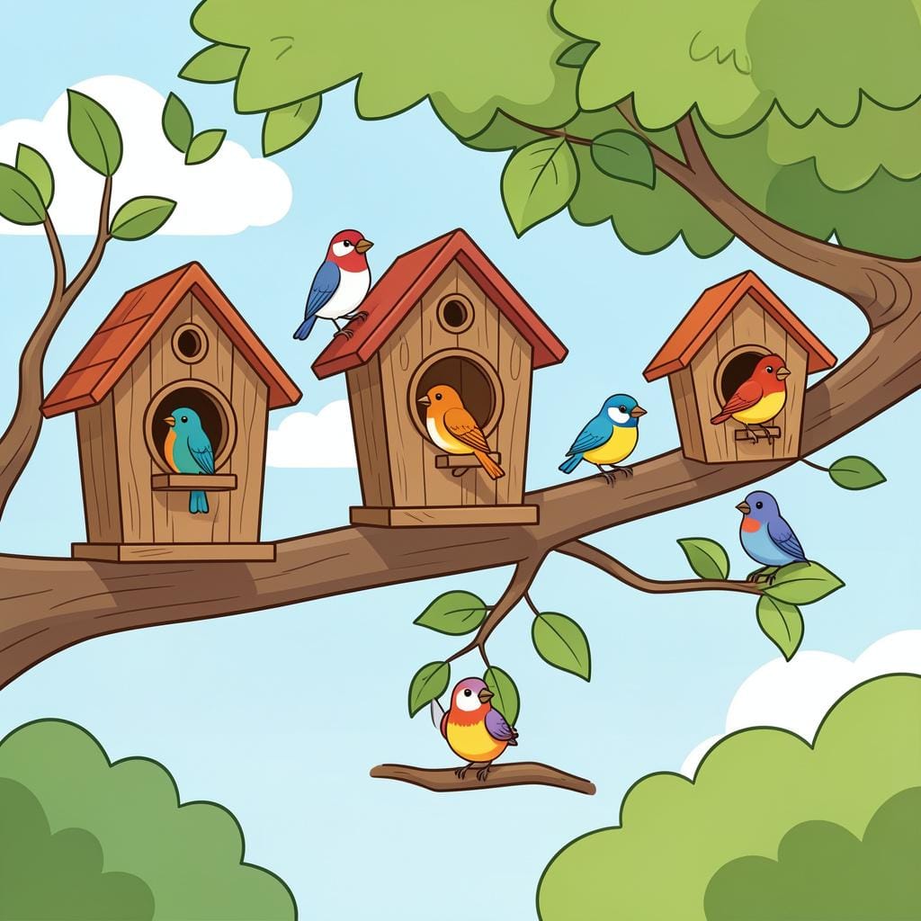 A row of cozy birdhouses on a branch, with a bird peeking out of every single one.