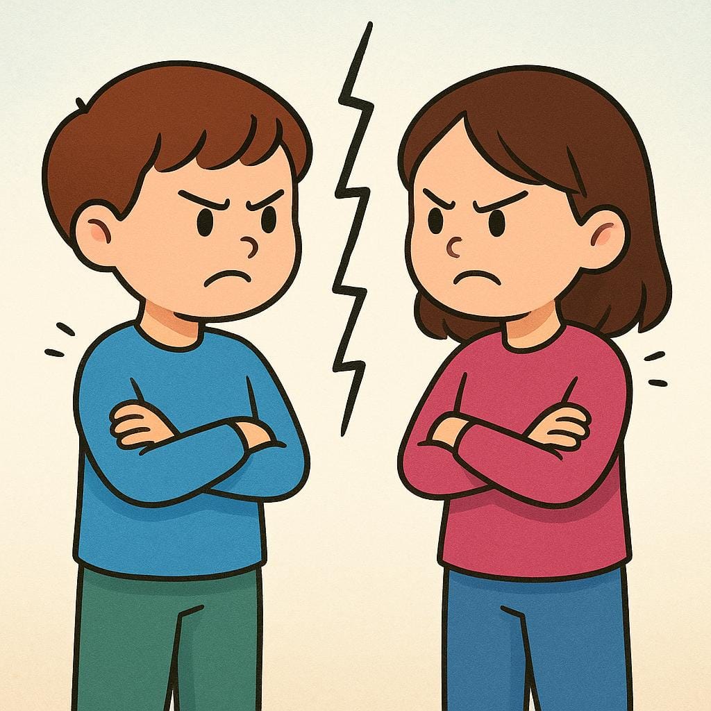 Two characters standing close together with angry expressions and crossed arms, illustrating a heated argument.