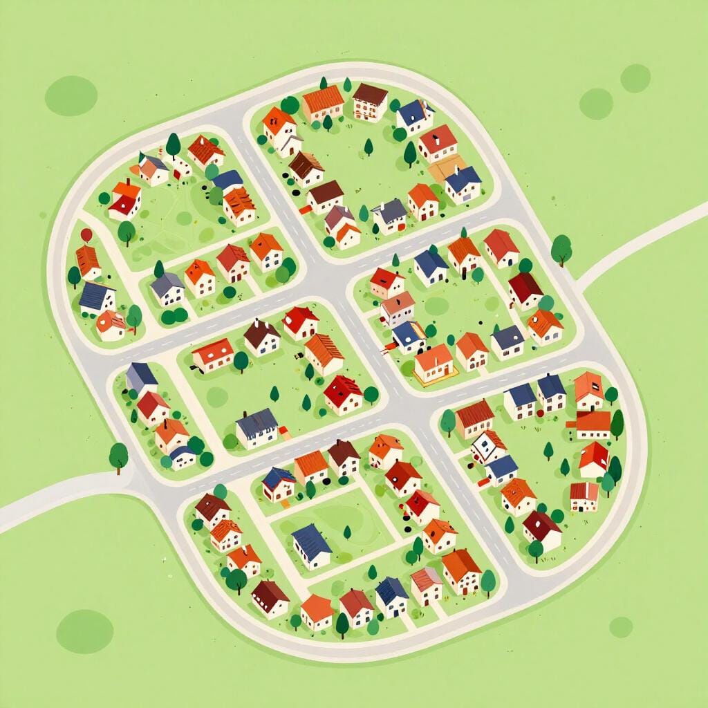 Een kleurrijke illustratie uit een prentenboek die een bovenaanzicht toont van een klein stadje met straten, parken en huizen in een net patroon.
