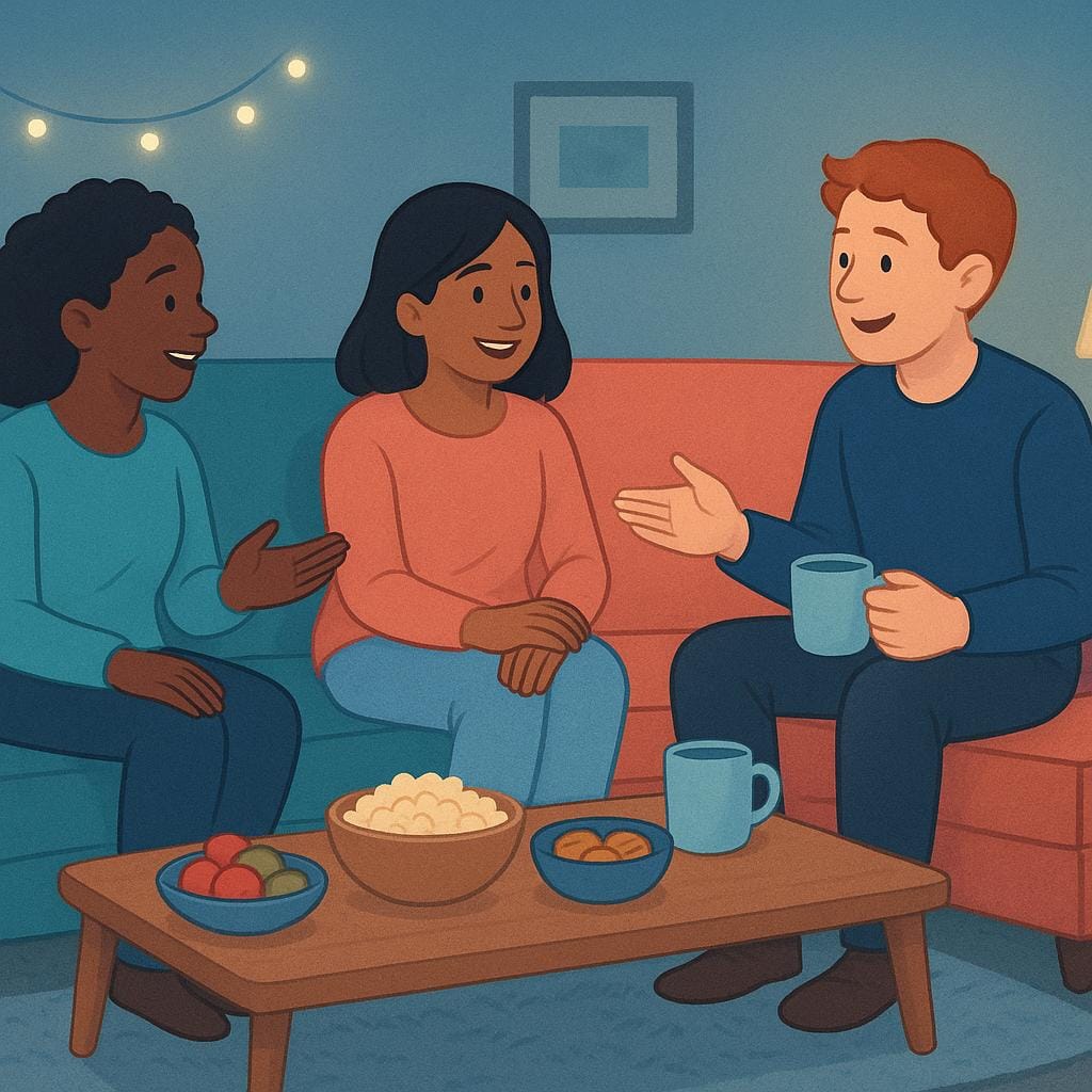 A group of friends socializing in a cozy living room at night, with soft lighting and snacks.