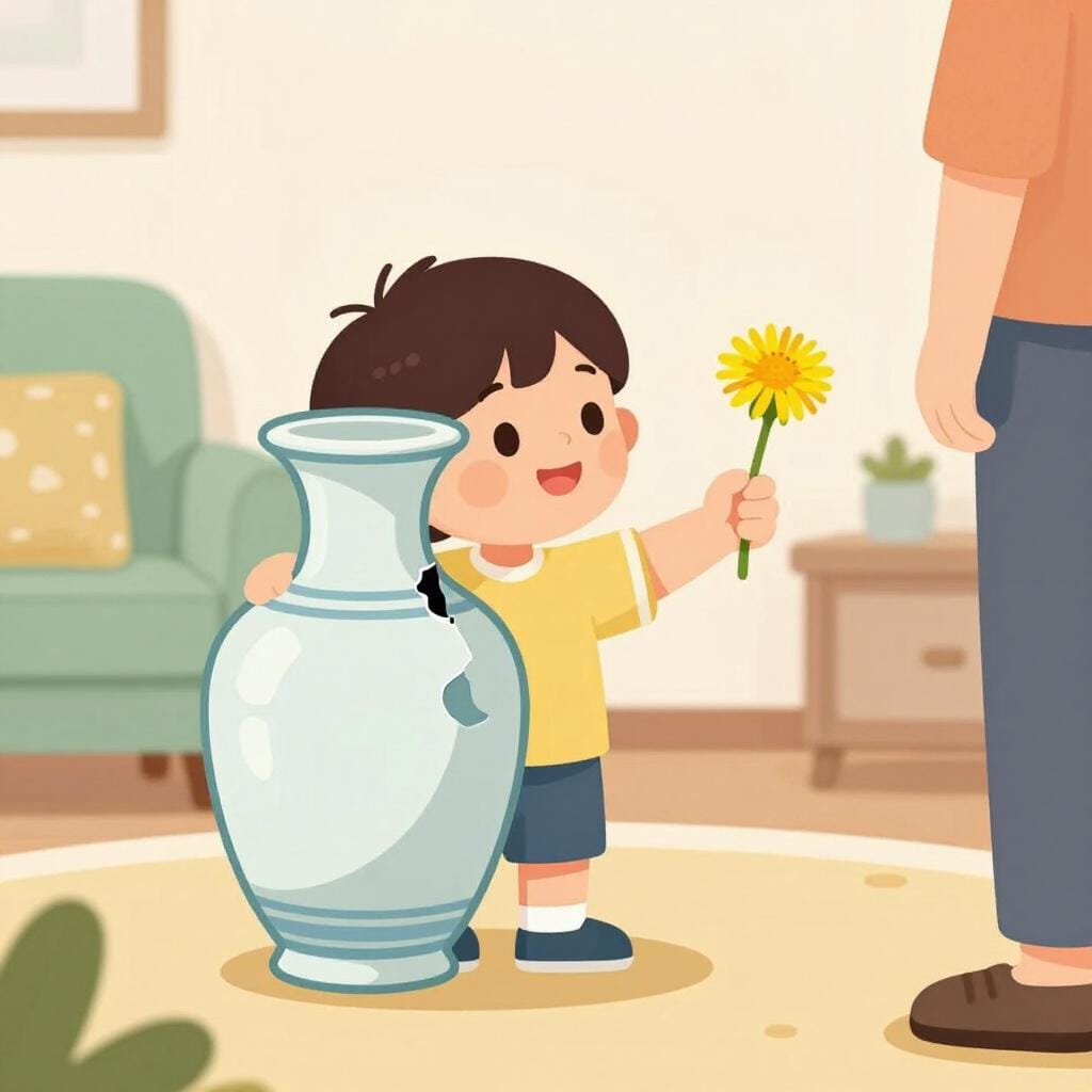 A child hiding a broken vase behind their back while offering a single flower to their parent.
