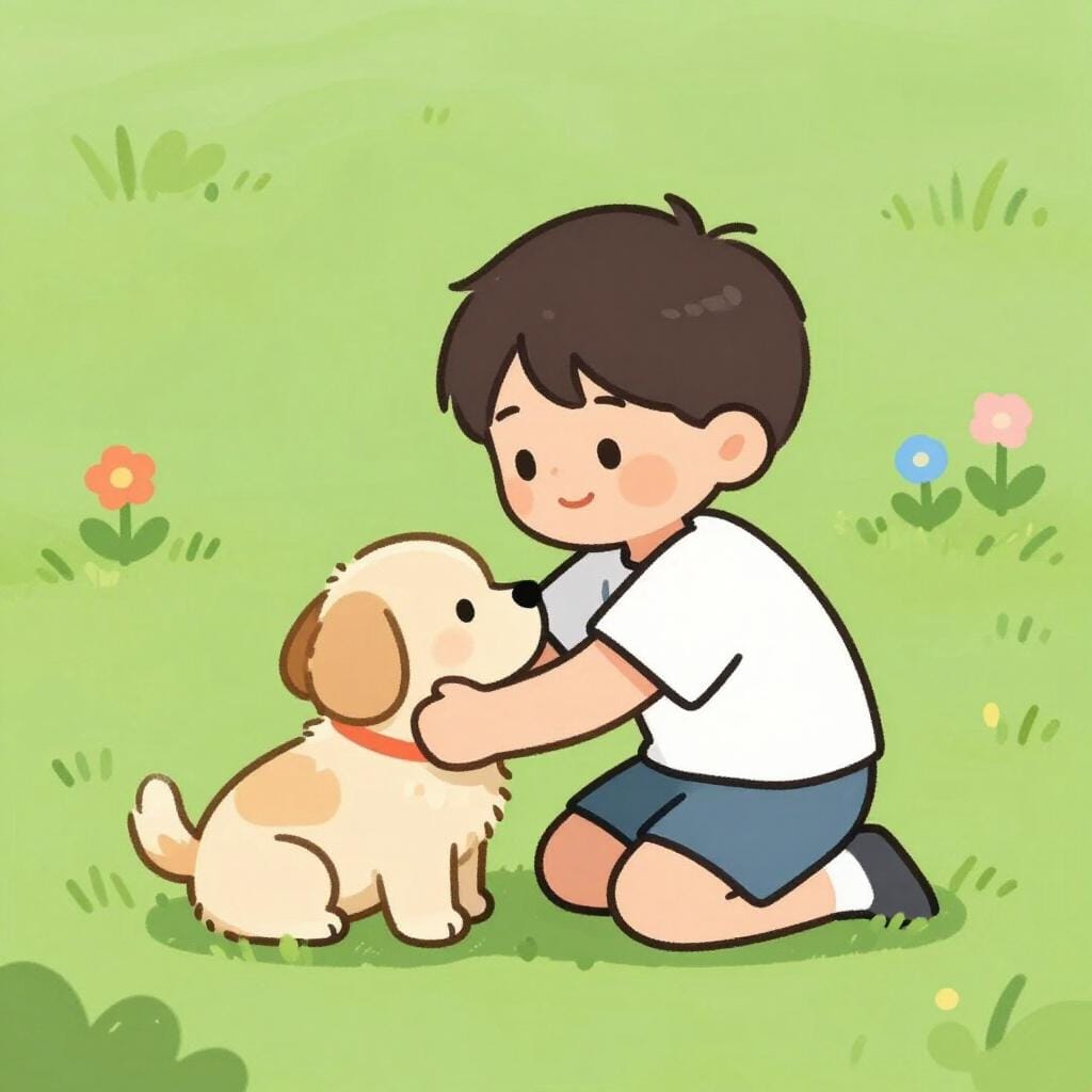 A young child smiling warmly while giving a gentle hug to a small, fluffy puppy in a sunny garden.