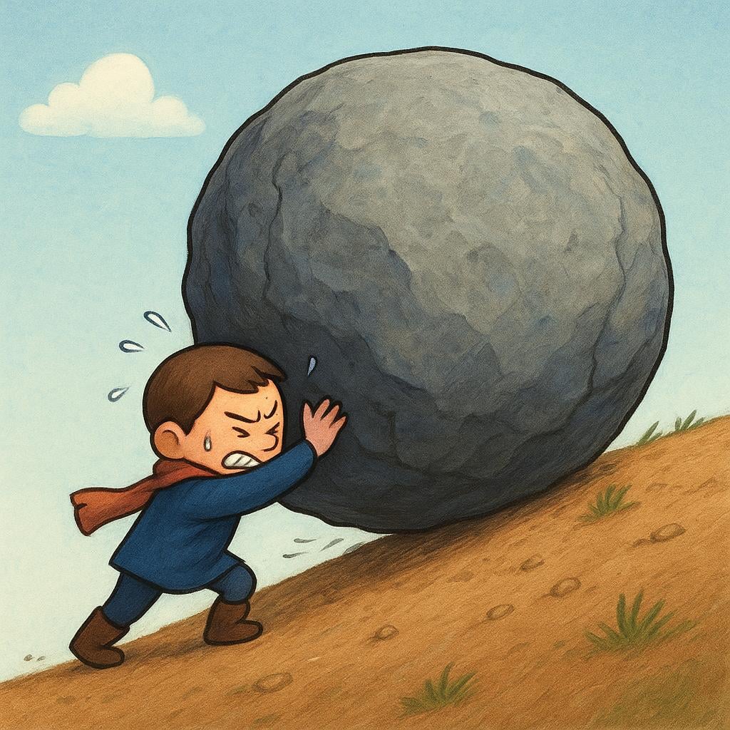 A small, determined figure straining and pushing with all their might against a giant, heavy boulder on a slight incline, symbolizing struggle against difficulty.