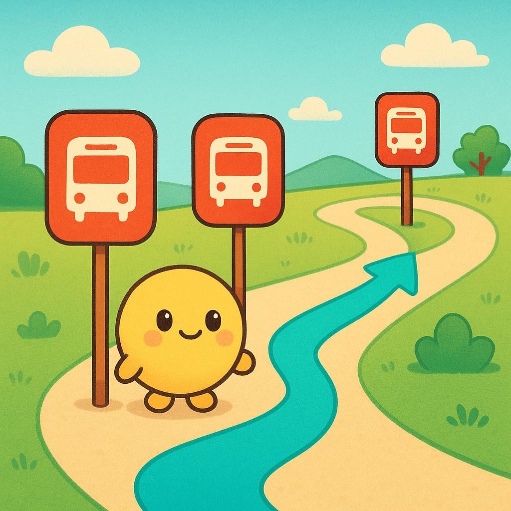A colorful storybook illustration showing three identical, brightly colored bus stops lined up on a winding green path. A small, friendly character stands at the second stop, and a large arrow points directly ahead to the third stop, signifying the next one in the sequence.
