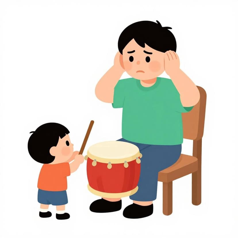 A child making a loud noise while a person nearby covers their ears with a frustrated expression.