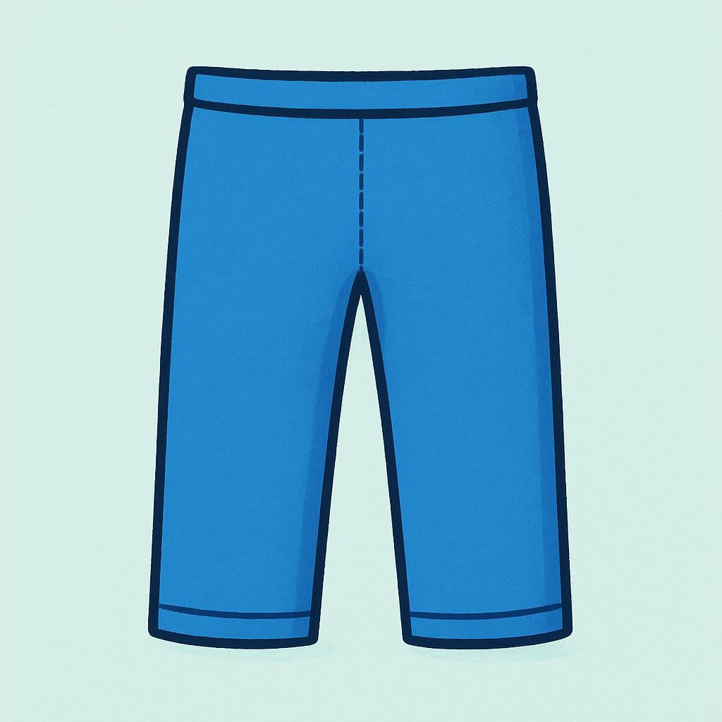 A pair of simple, light blue pants hanging vertically, clearly showing a high waistband relative to the crotch area, illustrating the 'rise'.