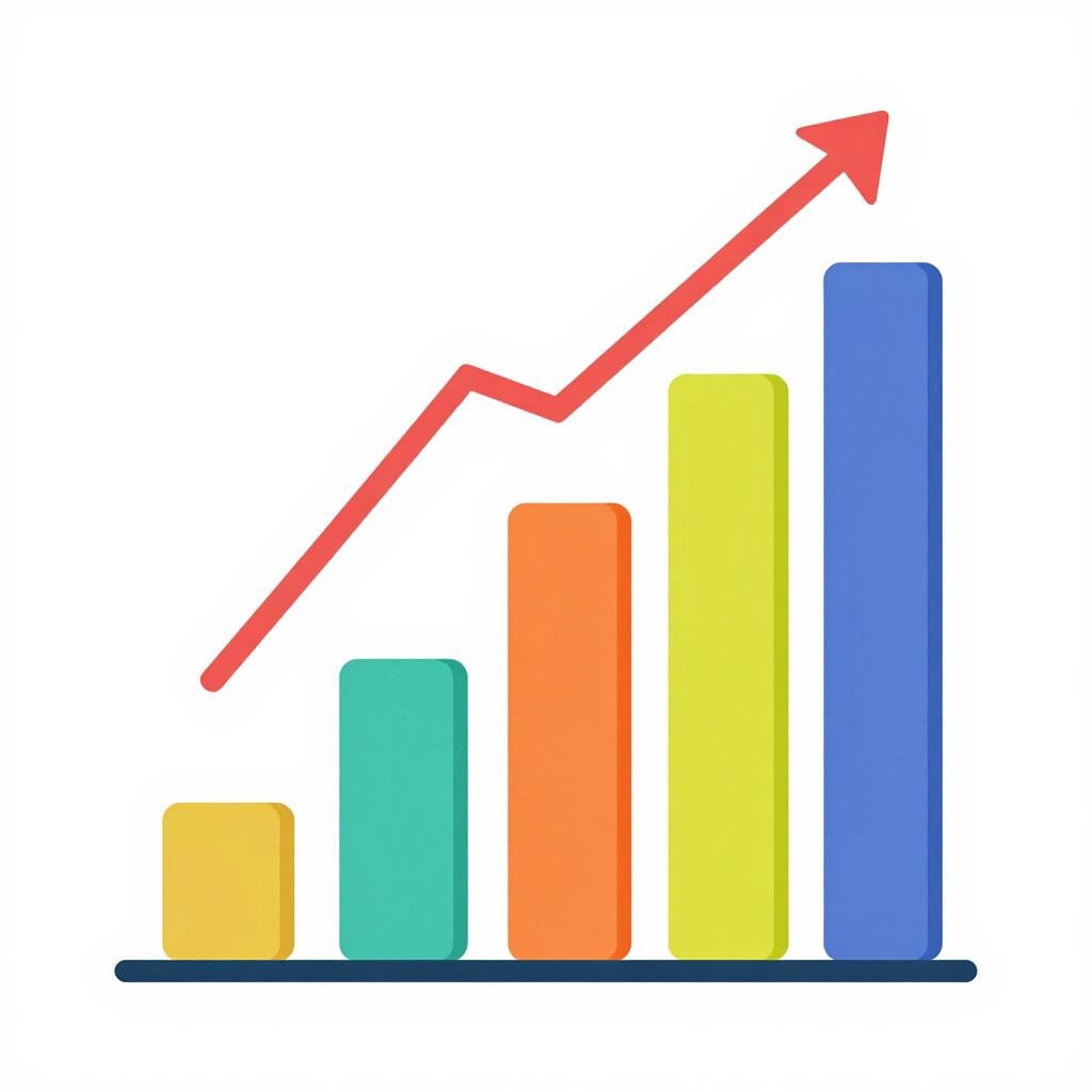 A colorful bar chart where the last bar is much taller than the others, with a red arrow pointing up.