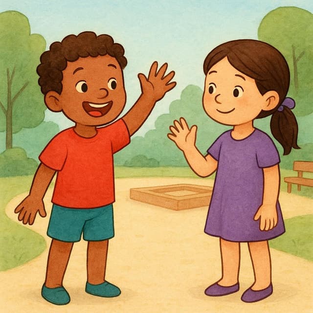 Duas crianças amigáveis de frente uma para a outra, uma criança está levantando a mão em um gesto claro de aceno para a outra.