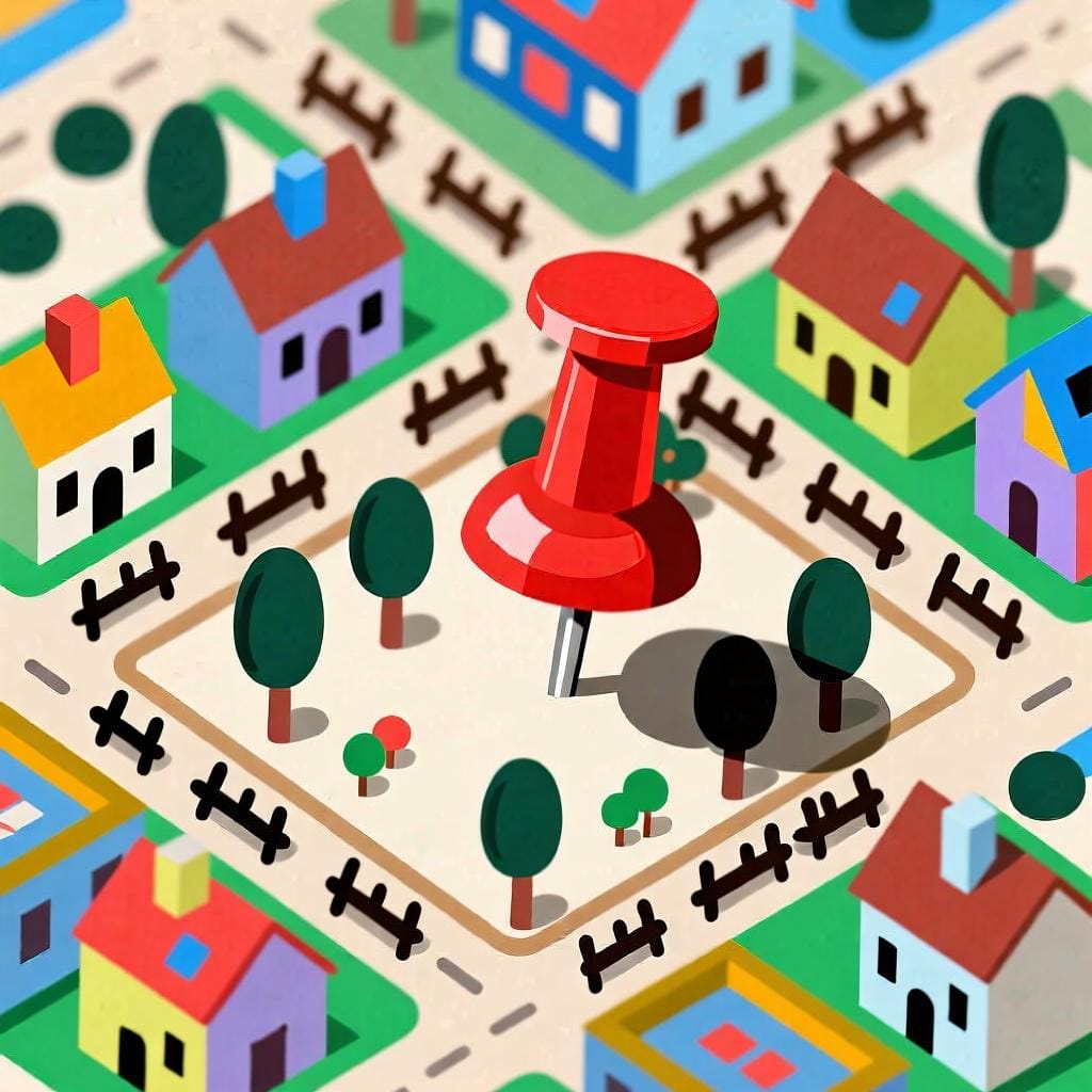 A colorful map with a red pin marking a specific location, representing a place.