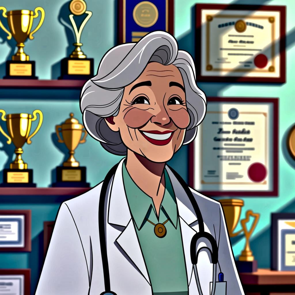 A respected scientist with gray hair smiling kindly, with awards visible on the wall behind her.