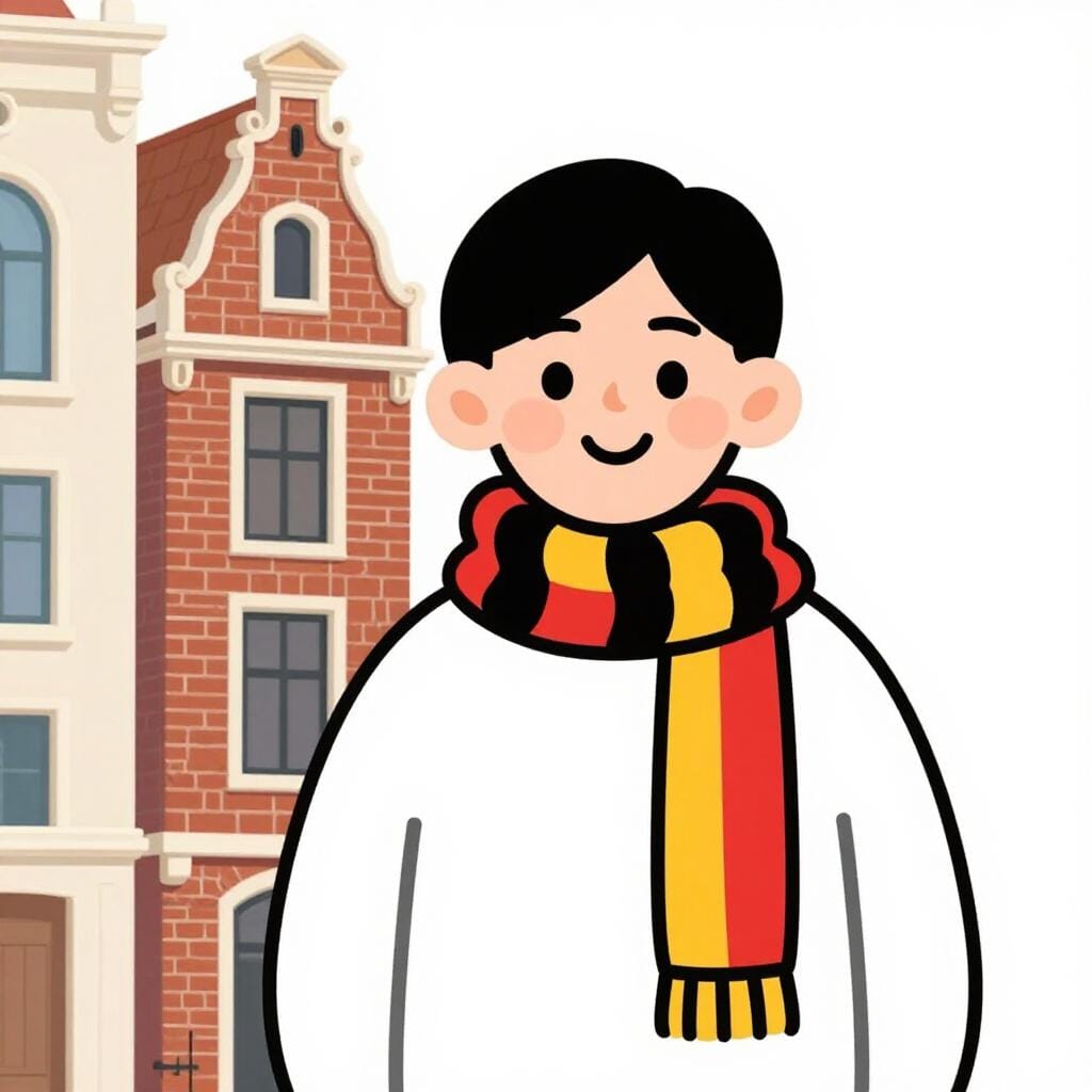 검은색, 노란색, 빨간색 줄무늬가 있는 스카프를 두른 사람이 전통적인 유럽식 타운하우스 앞에 서 있습니다.