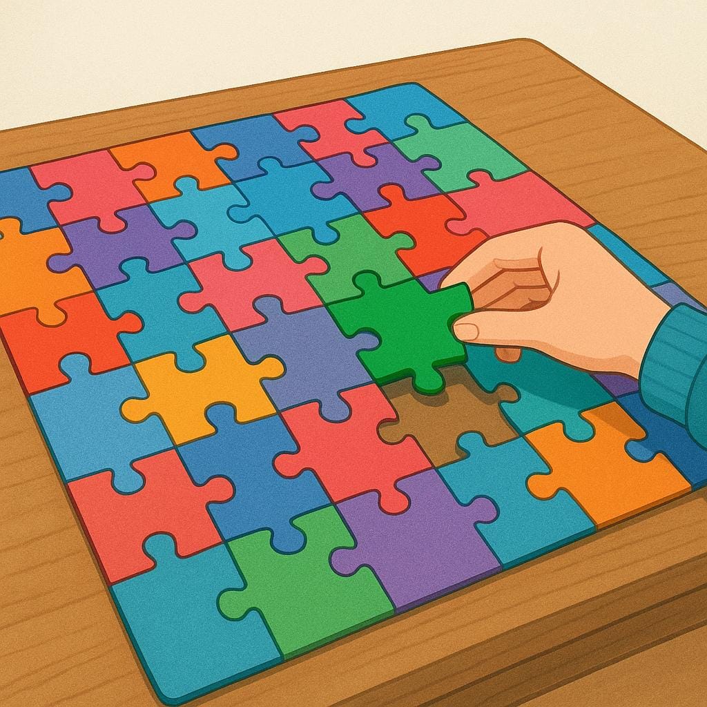 Uma pessoa sorridente colocando a última peça distinta em um quebra-cabeça grande e colorido, significando a conclusão da tarefa.