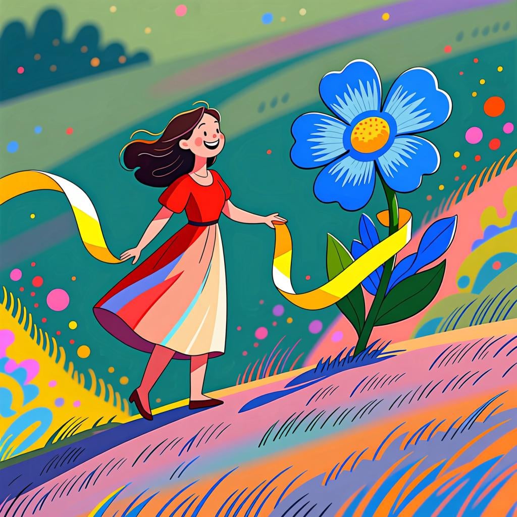 A cheerful woman in a red dress is visually linked by a bright yellow ribbon to a large blue flower on a green hill, symbolizing the connection made by the relative pronoun 'quien'.