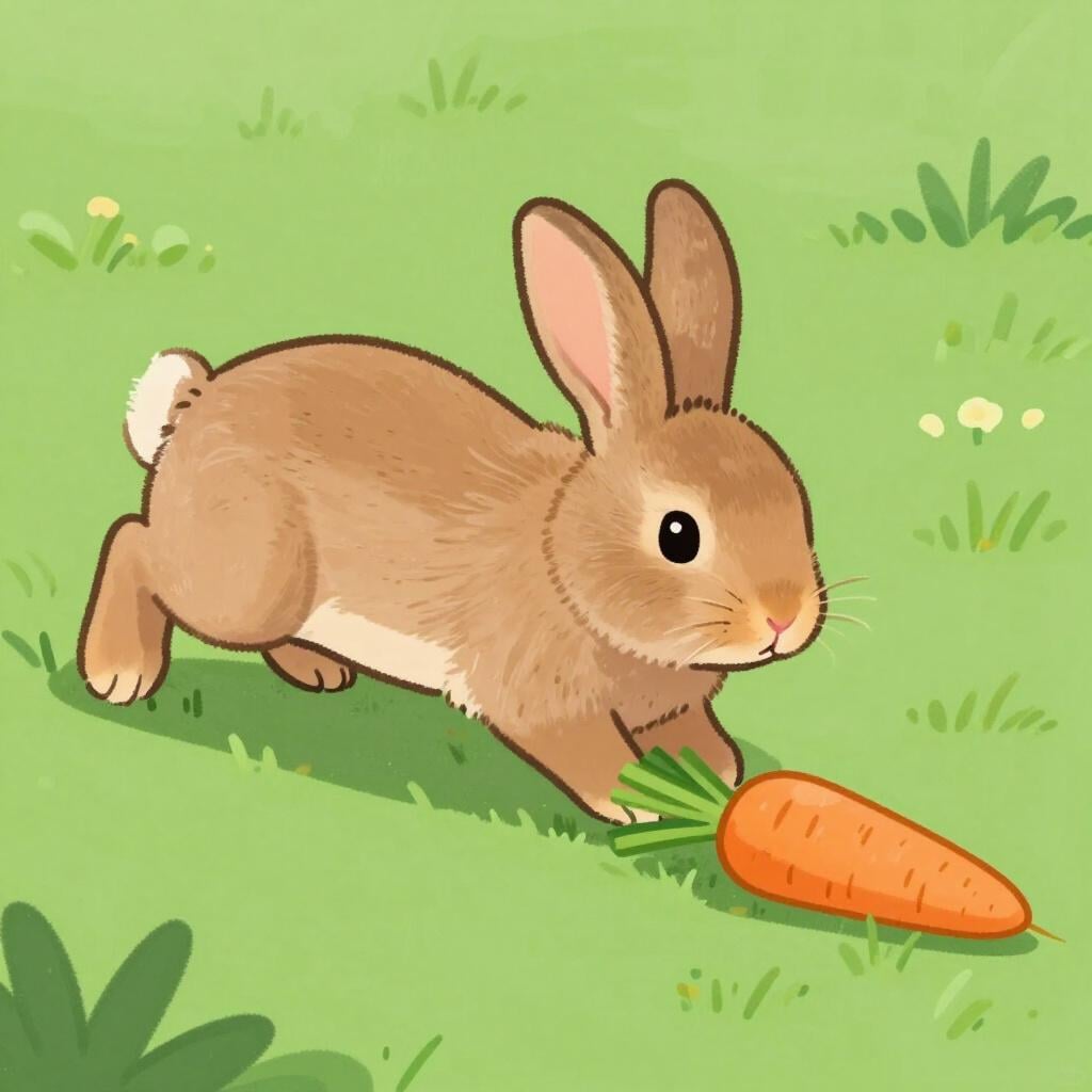 A small rabbit hopping closer to a carrot on the grass.
