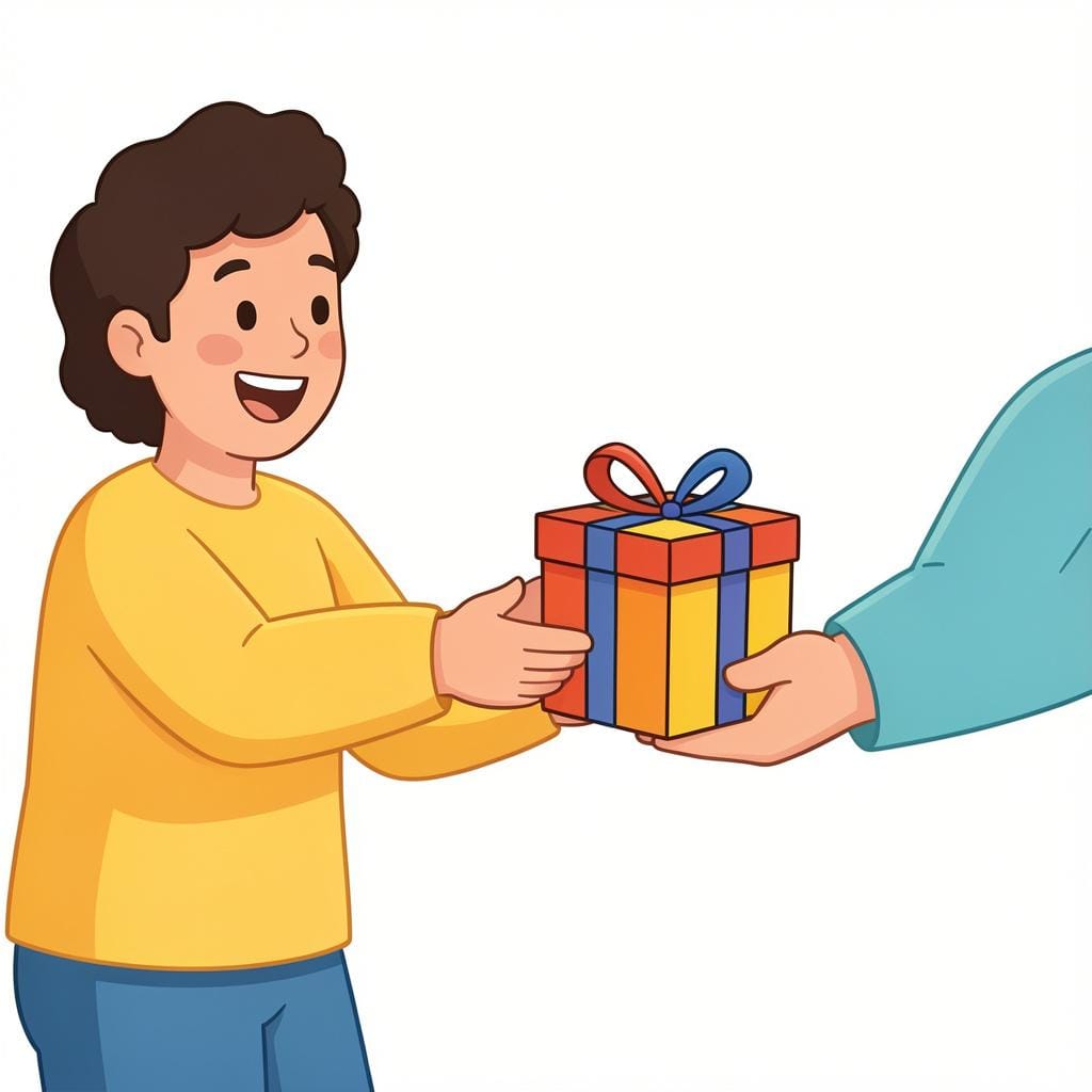 A person smiling and receiving a wrapped gift box from another person's hands.