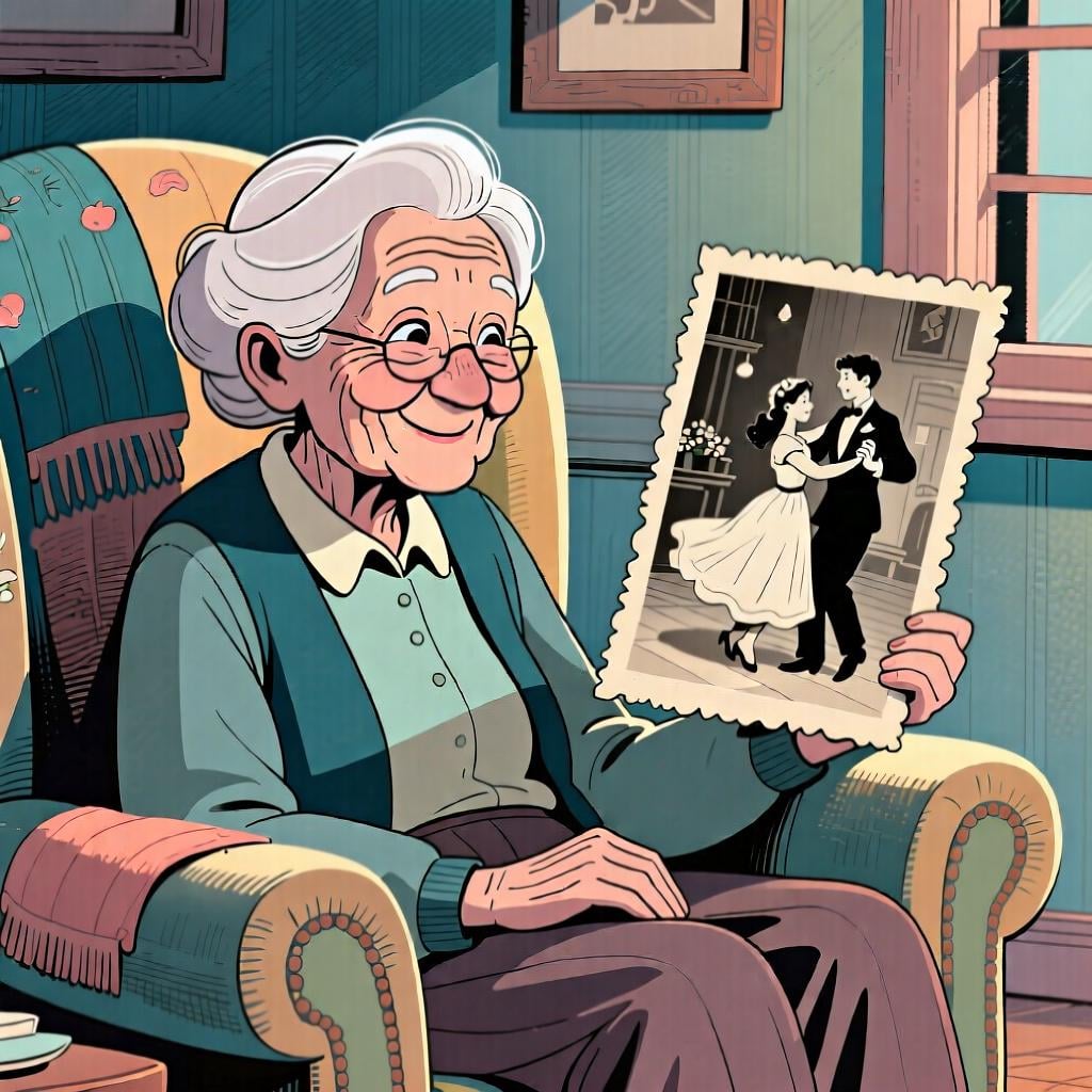 An elderly person sitting in an armchair, looking fondly at a faded black-and-white photograph of their youth.