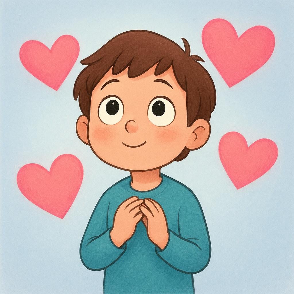 A young character with wide eyes and a dazed, dreamy expression, surrounded by three large, floating pink hearts, symbolizing being deeply attracted.