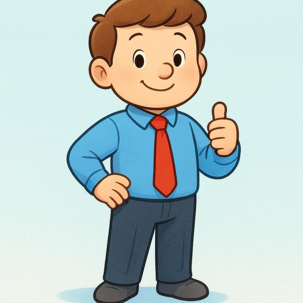 A smiling character wearing a crisp, new outfit, posing confidently to show off their resulting appearance.