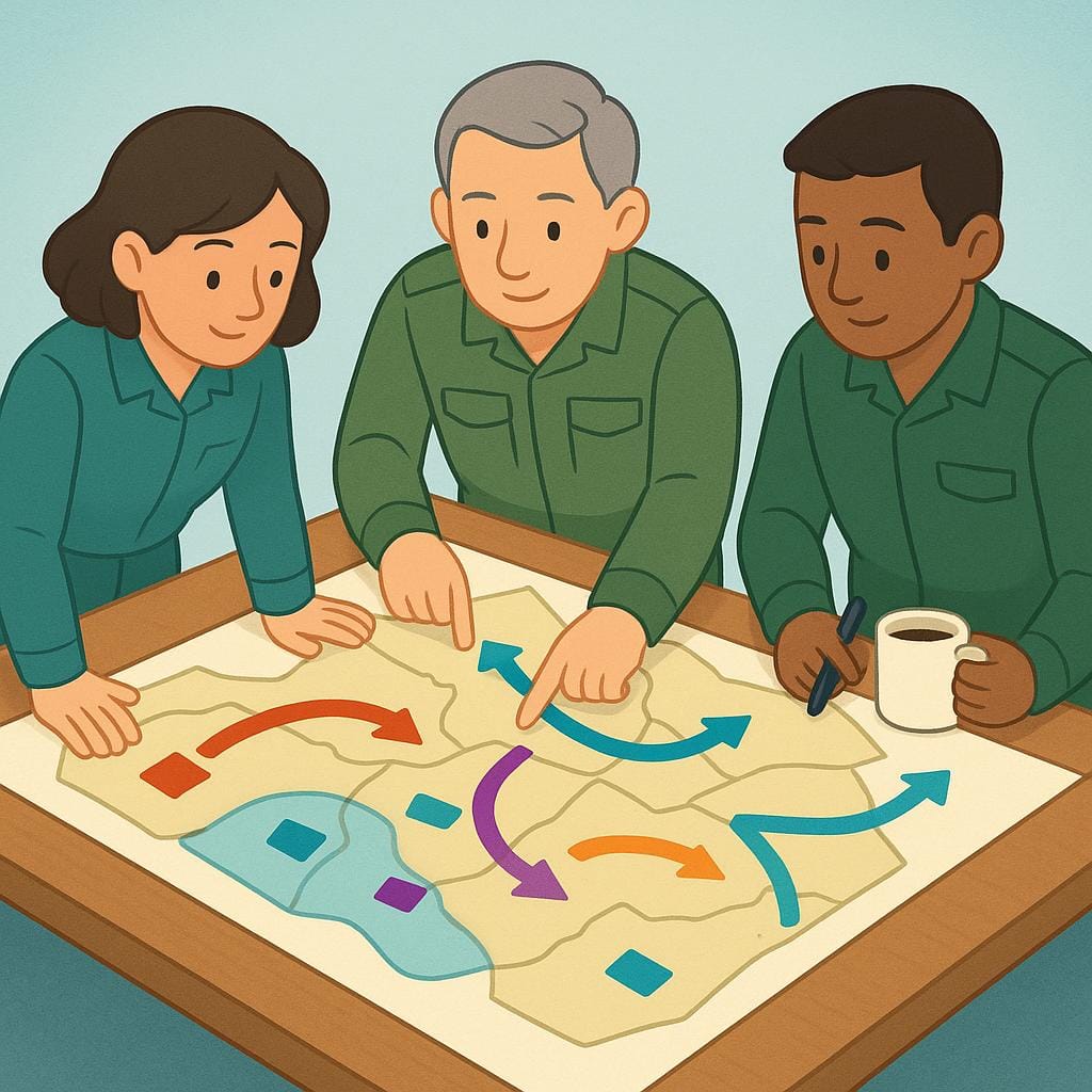 Three figures in uniform gathered around a large, simple strategic map laid flat on a table, pointing at different locations.
