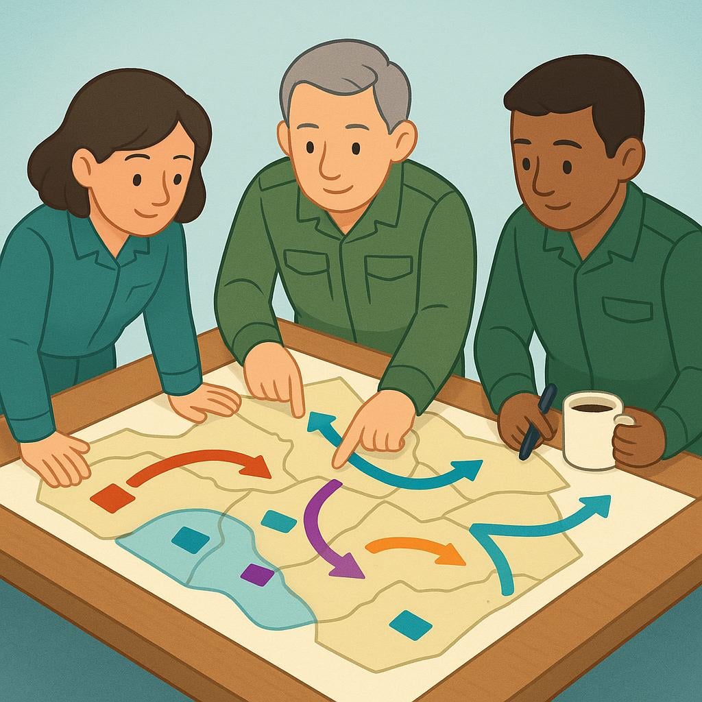 Three figures in uniform gathered around a large, simple strategic map laid flat on a table, pointing at different locations.
